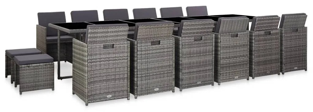 vidaXL 17 pcs conjunto jantar exterior com almofadões vime PE cinzento