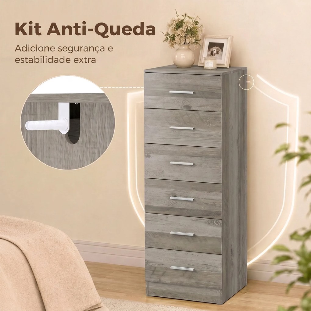 Cómoda Alta com 6 Gavetas para Quarto com Sistema Anti-Tombo 40x40x110 cm Cinzento-claro e Branco