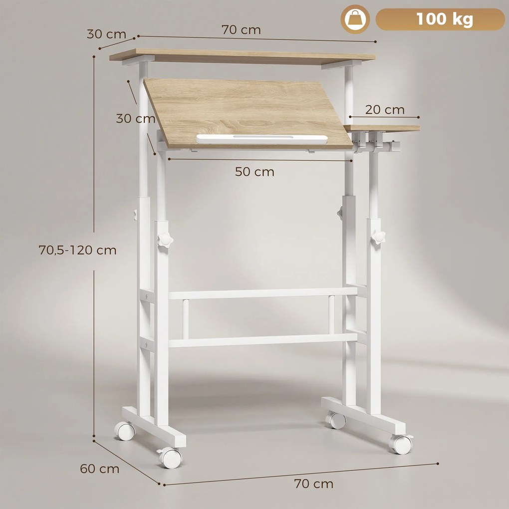 Secretária para trabalhar sentado ou em pé, ajustável em altura, 70 x 60 cm, com rodas, tampo inclinável e estrutura em metal castanho, branco