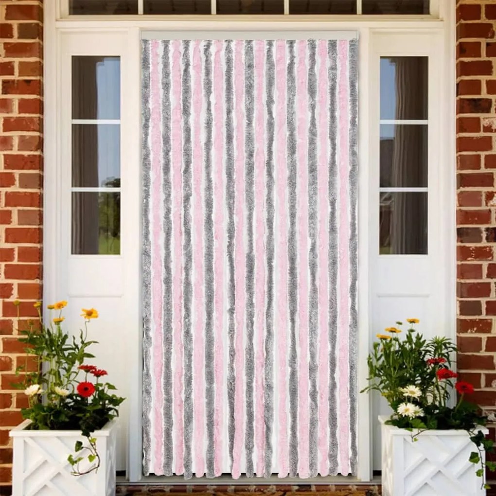 Cortina anti-insetos 90x220 cm chenille cinza-prateado e rosa