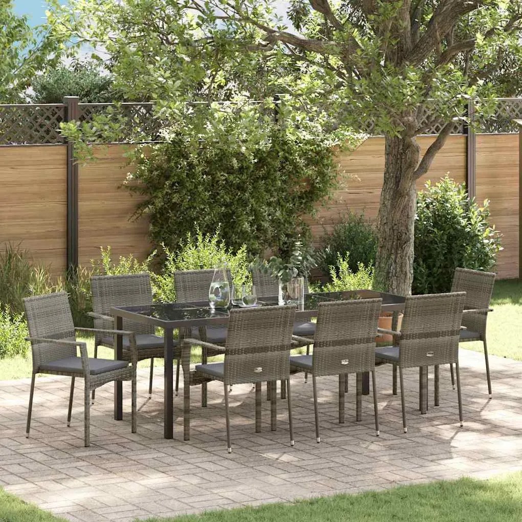 vidaXL Conjunto de Jantar de Jardim com 9 Peças e Almofadas Cinza em Rattan Sintético