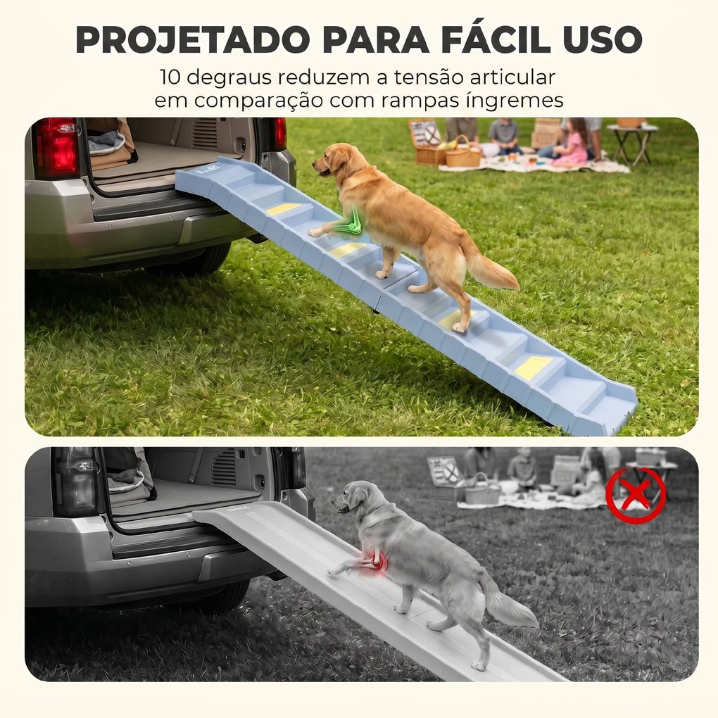 Rampa Dobrável para Cães 154 cm para Carro e Cama com 10 Degraus Antiderrapantes, até 68 kg, Cinzento