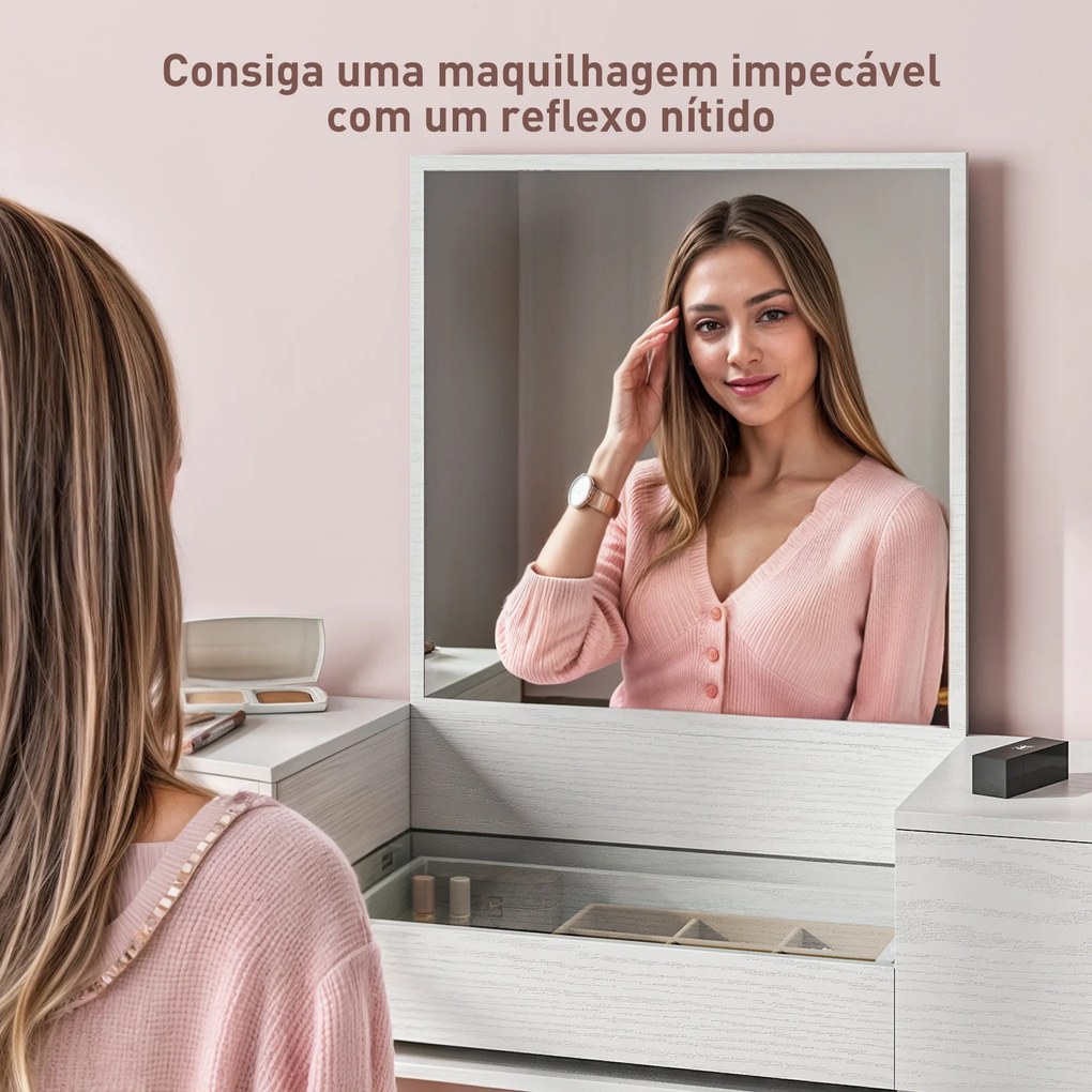 Toucador de Maquilhagem com Espelho Bancada de Vidro 3 Gavetas Mesa de Maquilhagem Moderna 105,5x30x130,5 cm Branco