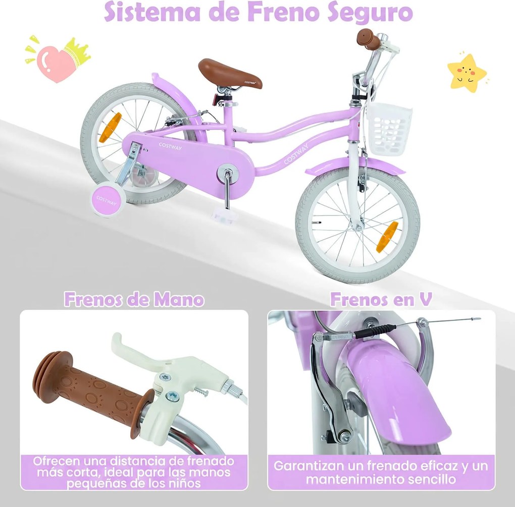 Bicicleta Infantil para Menina 4-7 Anos, 114,5 x 56 x 71,5-77 cm, Rodas de Apoio Removíveis, Roxo