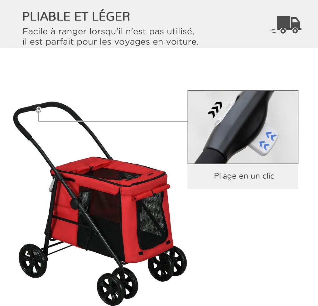 Carrinho de bebé dobrável 102 x 62 x 105 cm com motivos de animais (cão e gato), almofada incluída, rodas com travão, tecido Oxford 600D, vermelho
