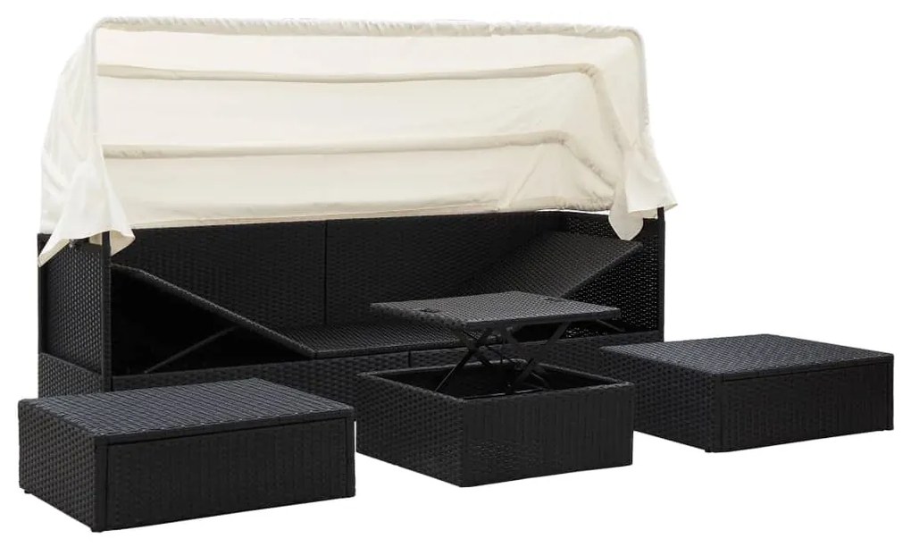 Espreguiçadeira de jardim com teto vime PE preto