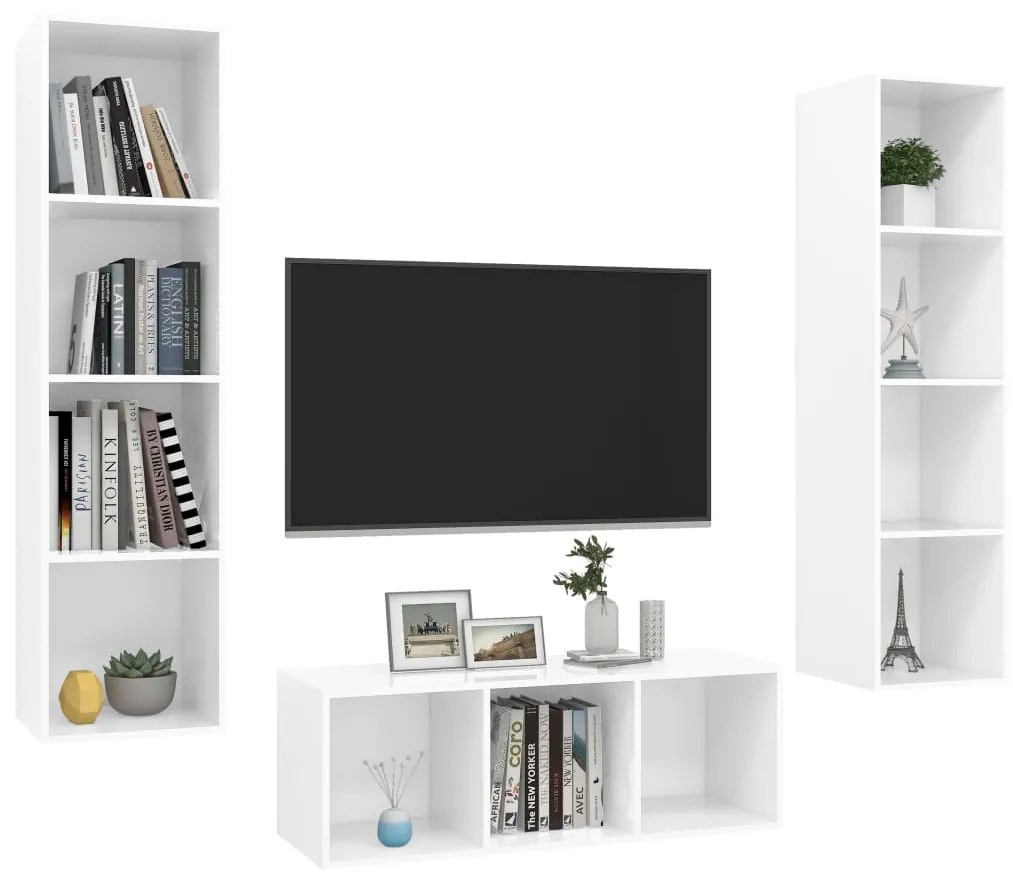 3 pcs conjunto de móveis de TV contraplacado branco brilhante