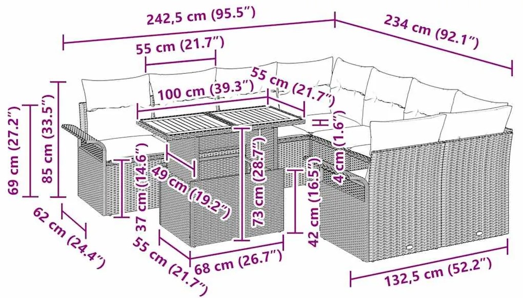 Conjunto de Jantar de 11 Peças, com Almofadas Beges em Rattan Sintétic