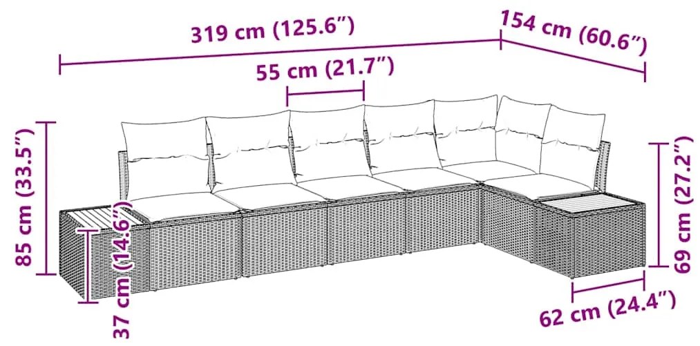 Conjunto de Sofá de Jardim de 6 Peças com Almofadas Bege Vime PE Acáci