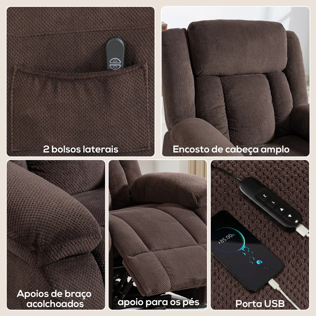Poltrona Relax Reclinável Elétrica Elevatória com Porta USB Controlo Remoto Assento Largo Apoio para os Pés Castanho