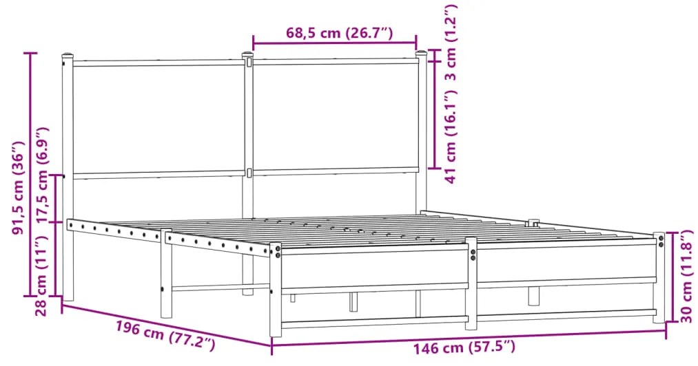 Estrutura de cama sem colchão 140x190 cm metal carvalho fumado