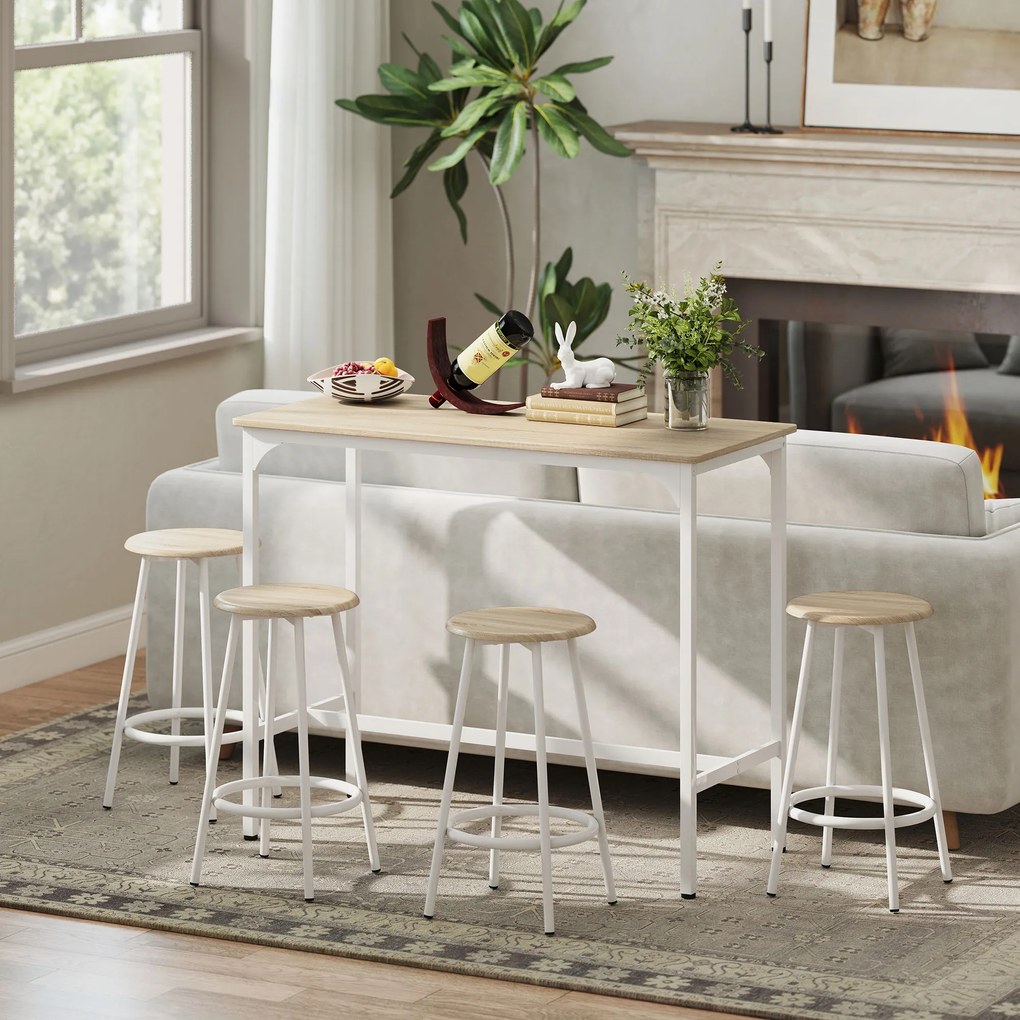Conjunto de Móveis Altos de Bar com 5 Peças Mesa de Refeição Industrial e 4 Bancos Redondos Madeira e Branco