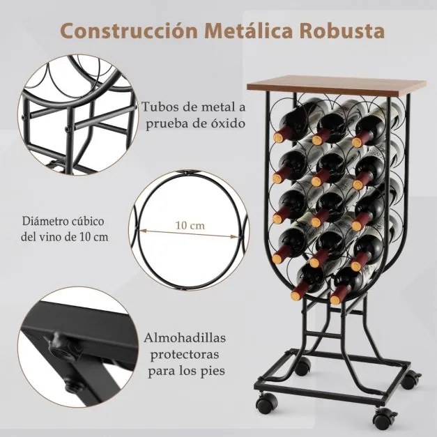 Garrafeira para 14 garrafas de vinho com rodas amovíveis e bloqueáveis 38 x 30 x 82 cm Castanho e preto