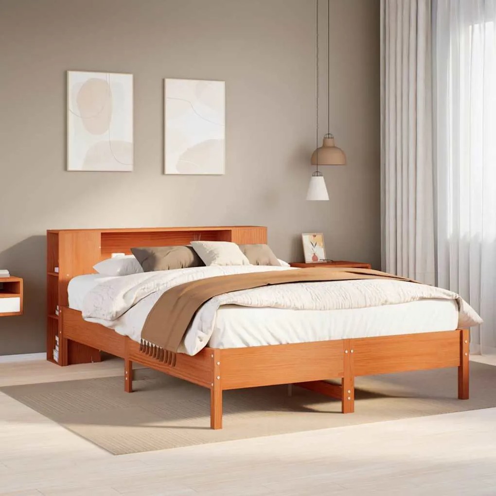 vidaXL Cama com estante sem colchão 135x190 cm pinho maciço