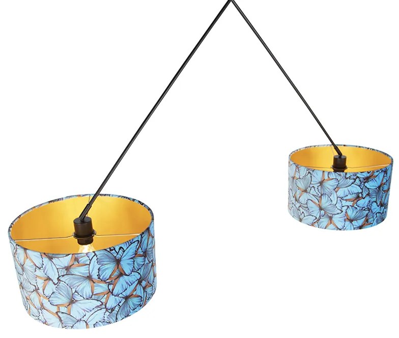 Candeeiro de suspensão preto com abajures de veludo borboletas com dourado 35 cm 2-luzes - Blitz Clássico / Antigo,Moderno