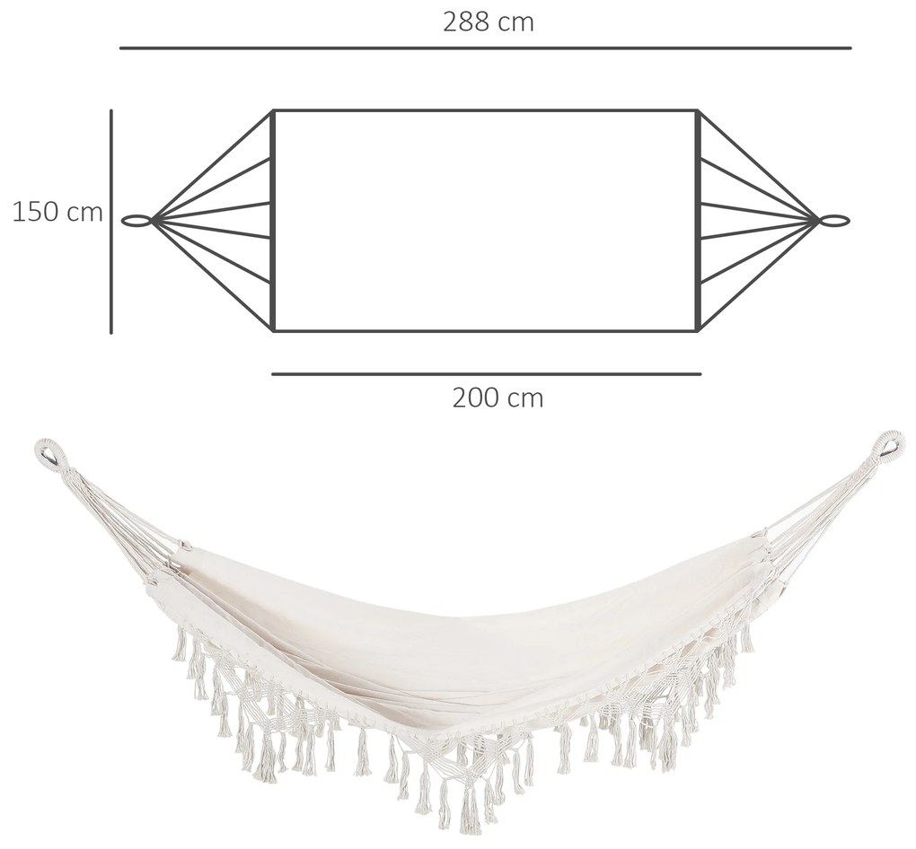 Cama de Rede Suspensa 288x150 cm de Algodão com Bolsa de Transporte Capacidade 180 kg para Pátio Terraço Campismo Creme