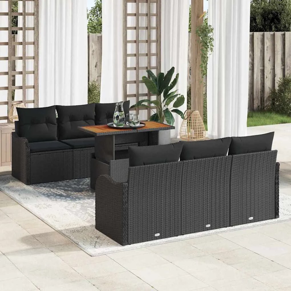 vidaXL Conjunto de Sofá de Jardim de 7 Peças com Almofadas em Rattan Sintético Preto e Acácia