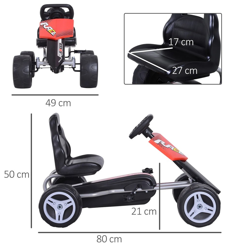 HOMCOM Kart a Pedal Go Kart com Assento Ajustável Kart Racing para Crianças acima de 3 Anos Brinquedo de Exterior Carga Máxima 30 kg 80x49x50 cm Vermelho e Preto