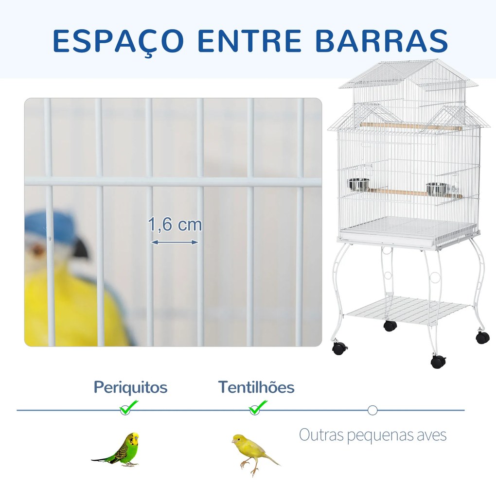 Gaiola para Pássaros com Rodas Gaiola Grande com Suporte 50x49x137cm com Bandeja Amovível Portas Comedouro Poleiro e Prateleira Inferior para Canários