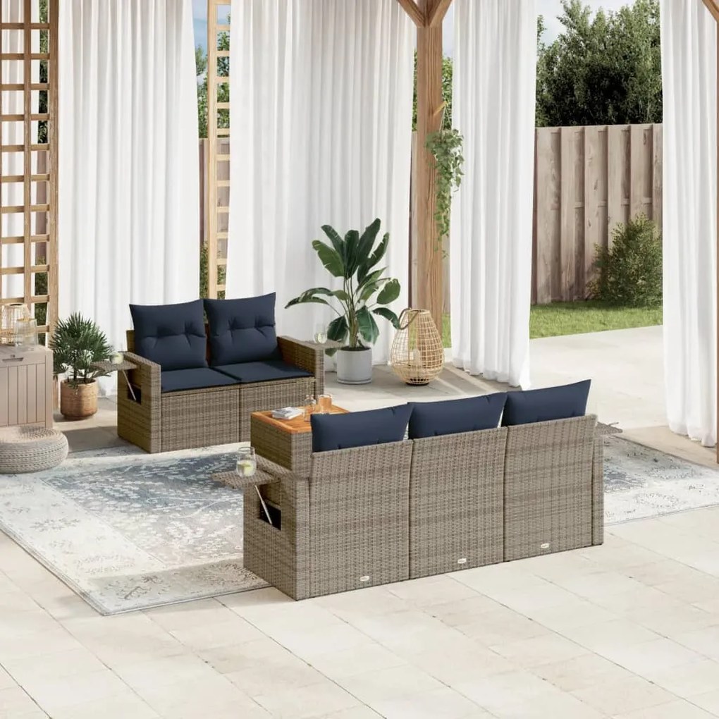 vidaXL 6 pcs conjunto sofás p/ jardim c/ almofadões vime PE cinzento