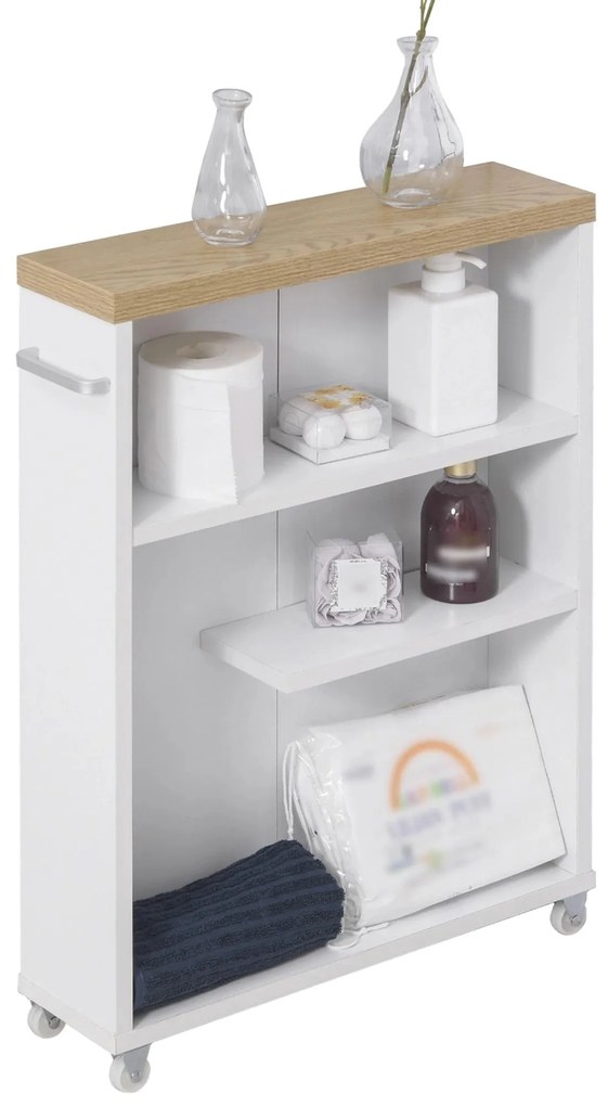 Kleankin Armário de casa de banho auxiliar Carrinho de armazenamento de 3 prateleiras com rodas e alça lateral 50x13x67,5 cm Branco| Aosom Portugal
