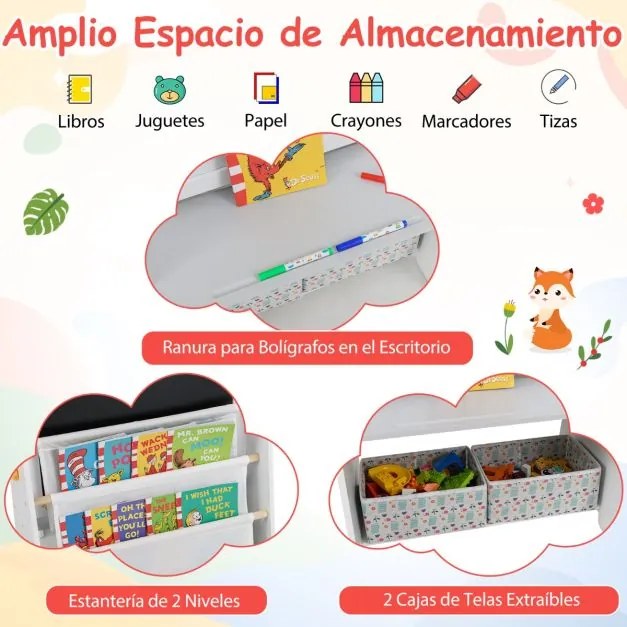 Conjunto de mesa e cadeira para crianças com quadro branco magnético e Quadro de giz Branco e cinza