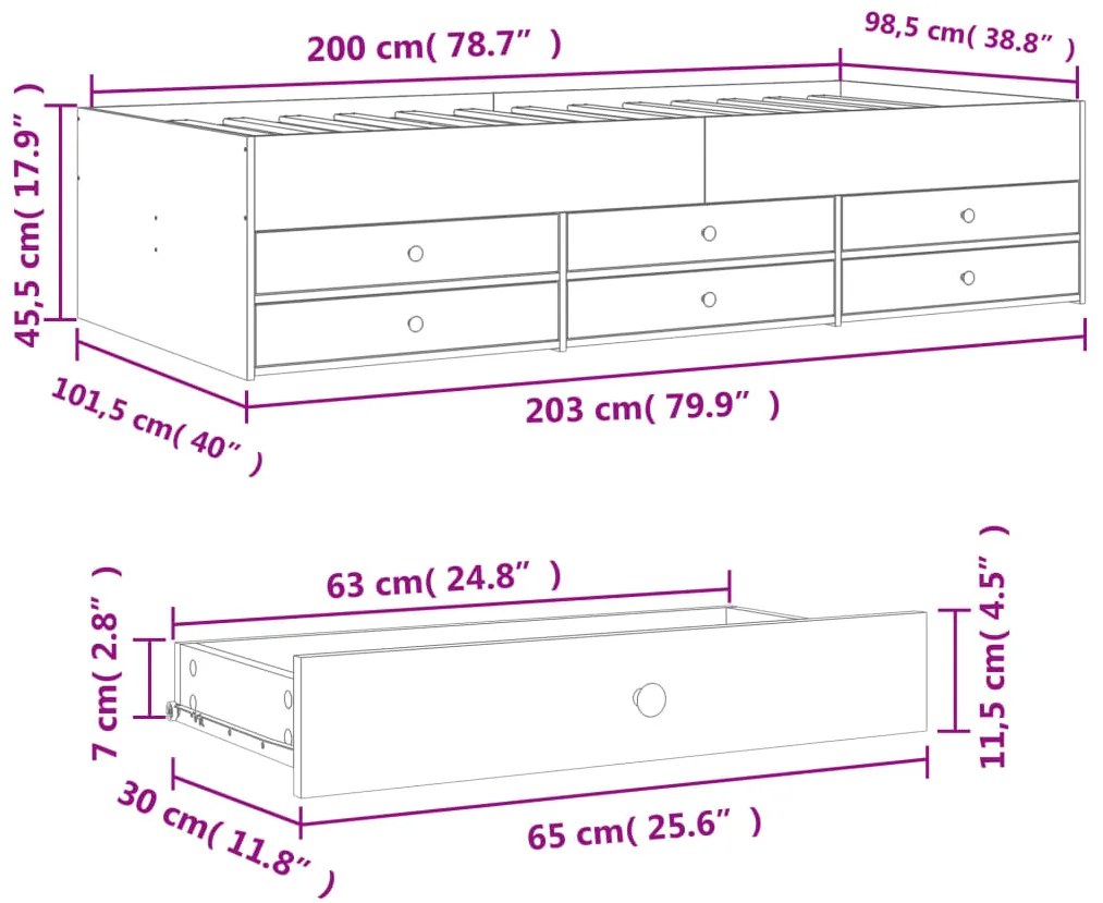 Sofá-cama com gavetas sem colchão 100x200 cm cinzento cimento