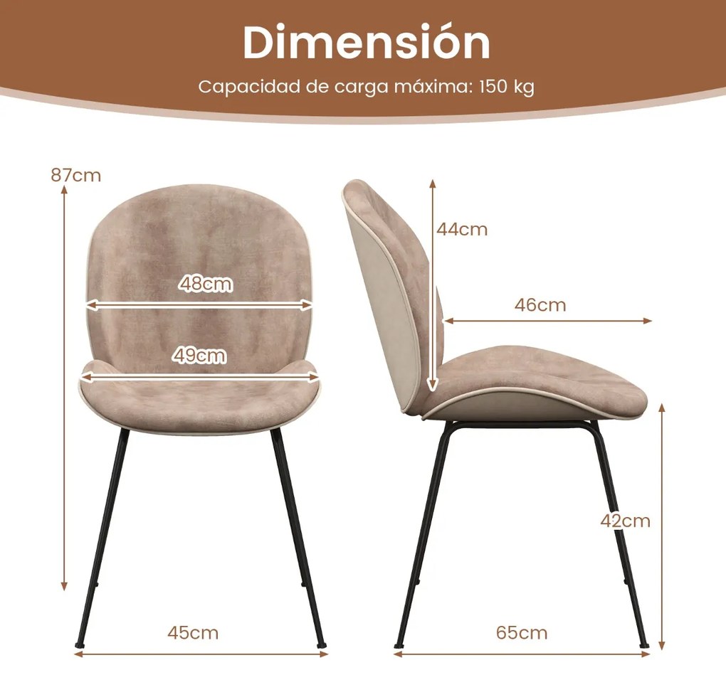 Conjunto de 2 cadeiras de jantar com encosto e base metálica Cadeiras de jantar em veludo para cozinha, sala de estar e quarto 49 x 65 x 87 cm Castanh
