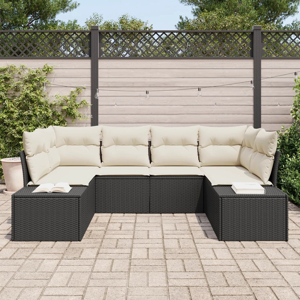 Conjunto de Sofá Jardim 6 Peças com Almofadas Preto Rattan PE
