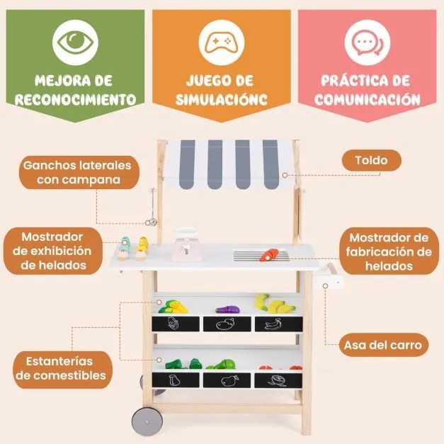 Carrinho de gelados de madeira para crianças com 6 gelados Balança Banca de mercado para crianças com mais de 3 anos Branco e cinzento