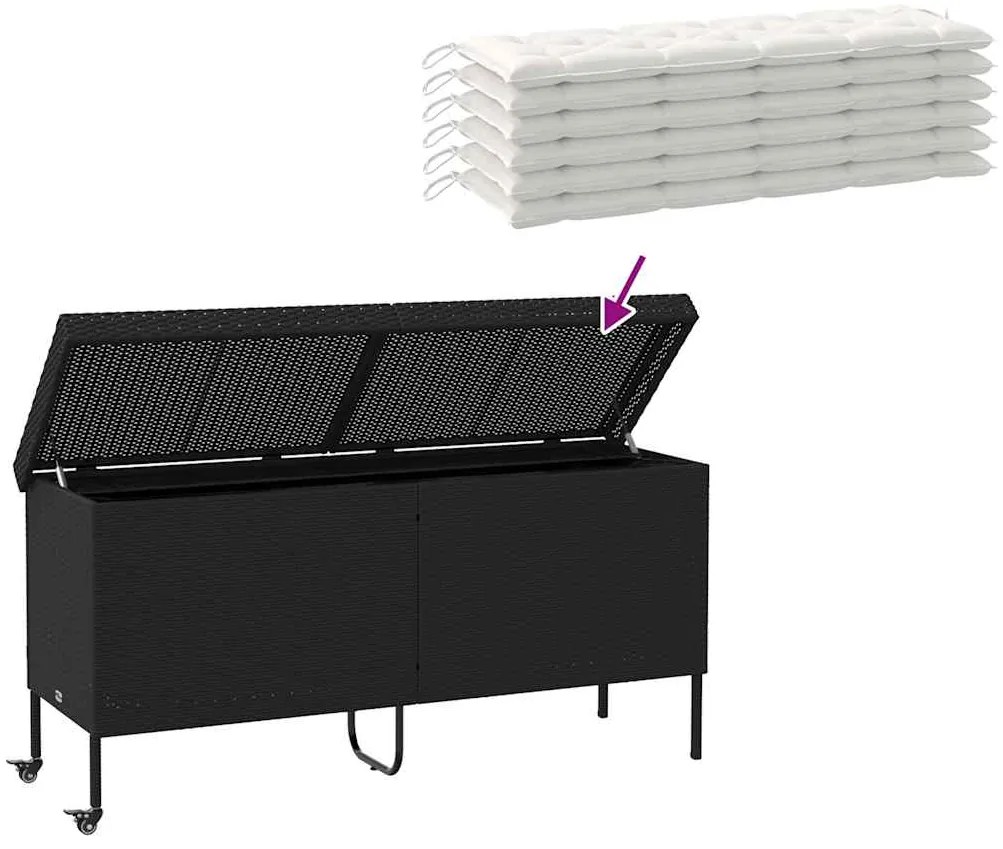 Caixa de arrumação jardim com rodas 160x55x75 cm vime PE preto
