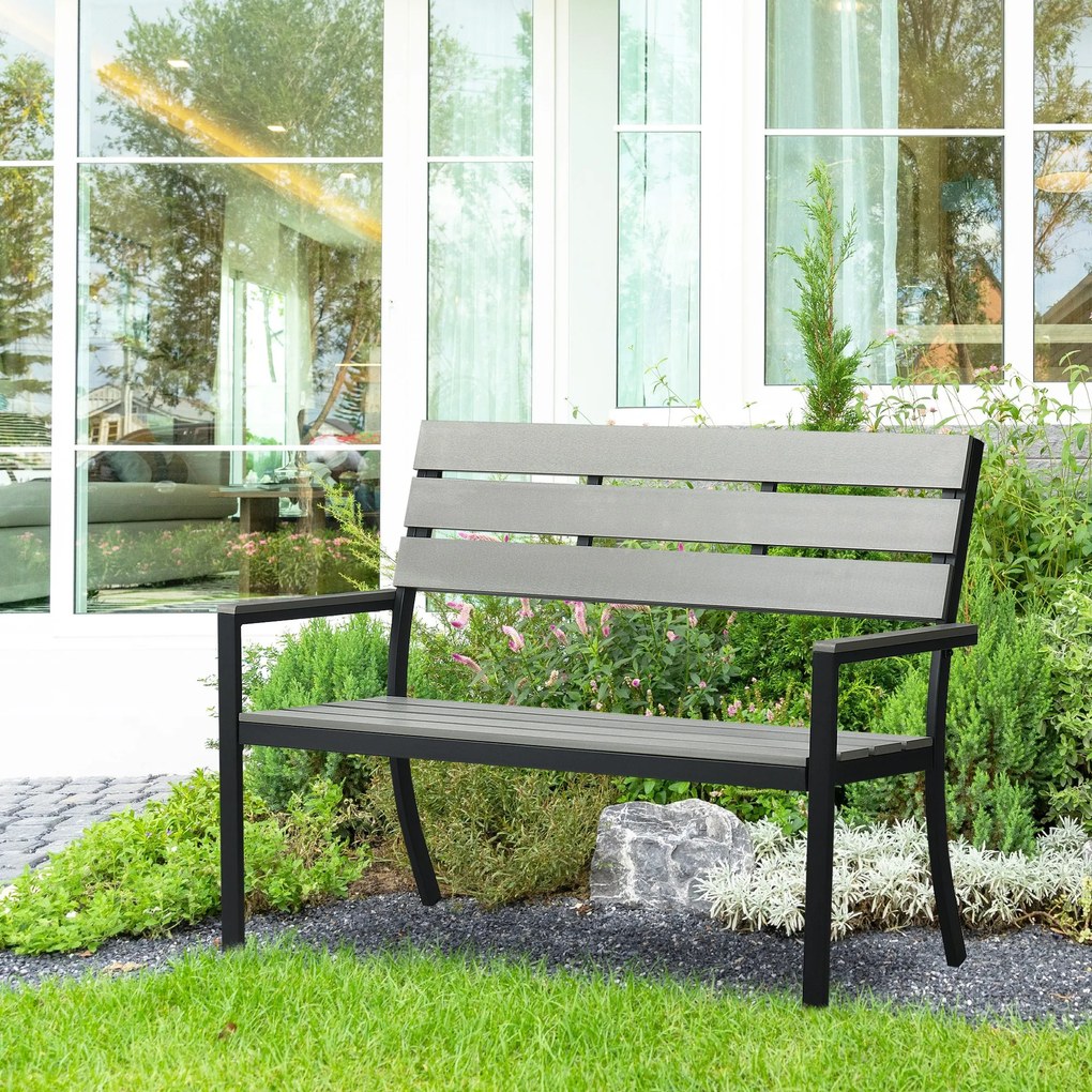 Outsunny Banco de Jardim 2 Lugares Banco para Exterior com Encosto Apoio para os Braços e Estrutura de Aço para Varanda Pátio Carga 240 kg 122x65x92 cm Cinza