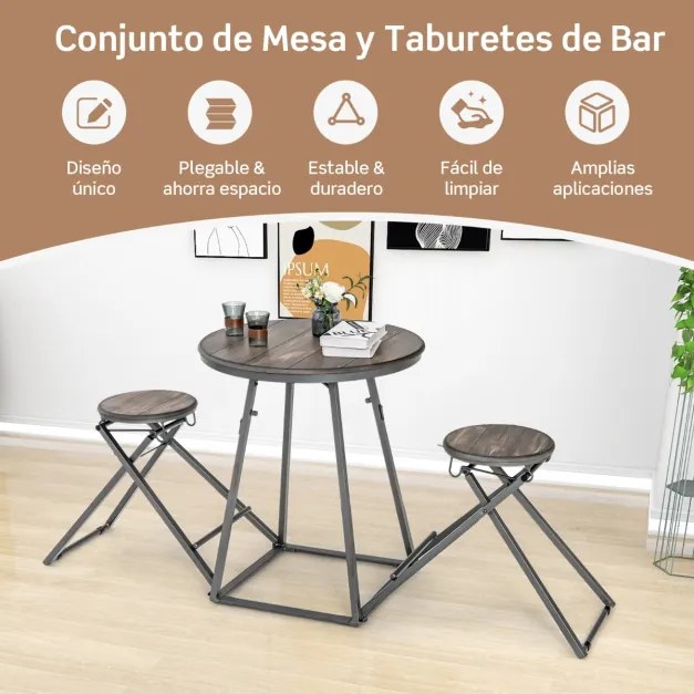 Conjunto de jantar dobrável mesa redonda e bancos de bar para pequenos espaços cinza