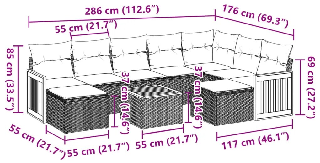 10 pcs conjunto sofás de jardim c/ almofadões vime PE preto