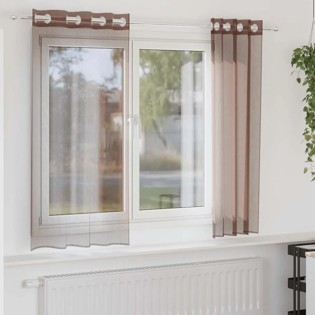 Cortinas de voile com ilhós 2 pcs castanho 140x140 cm
