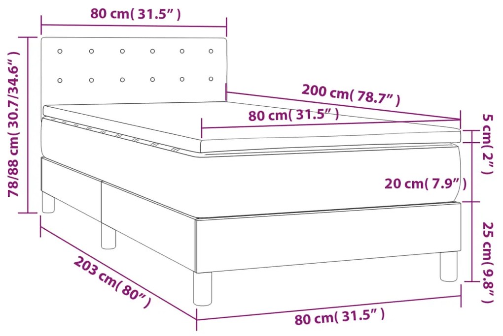 Cama box spring c/ colchão/LED 80x200 cm veludo cinzento-escuro