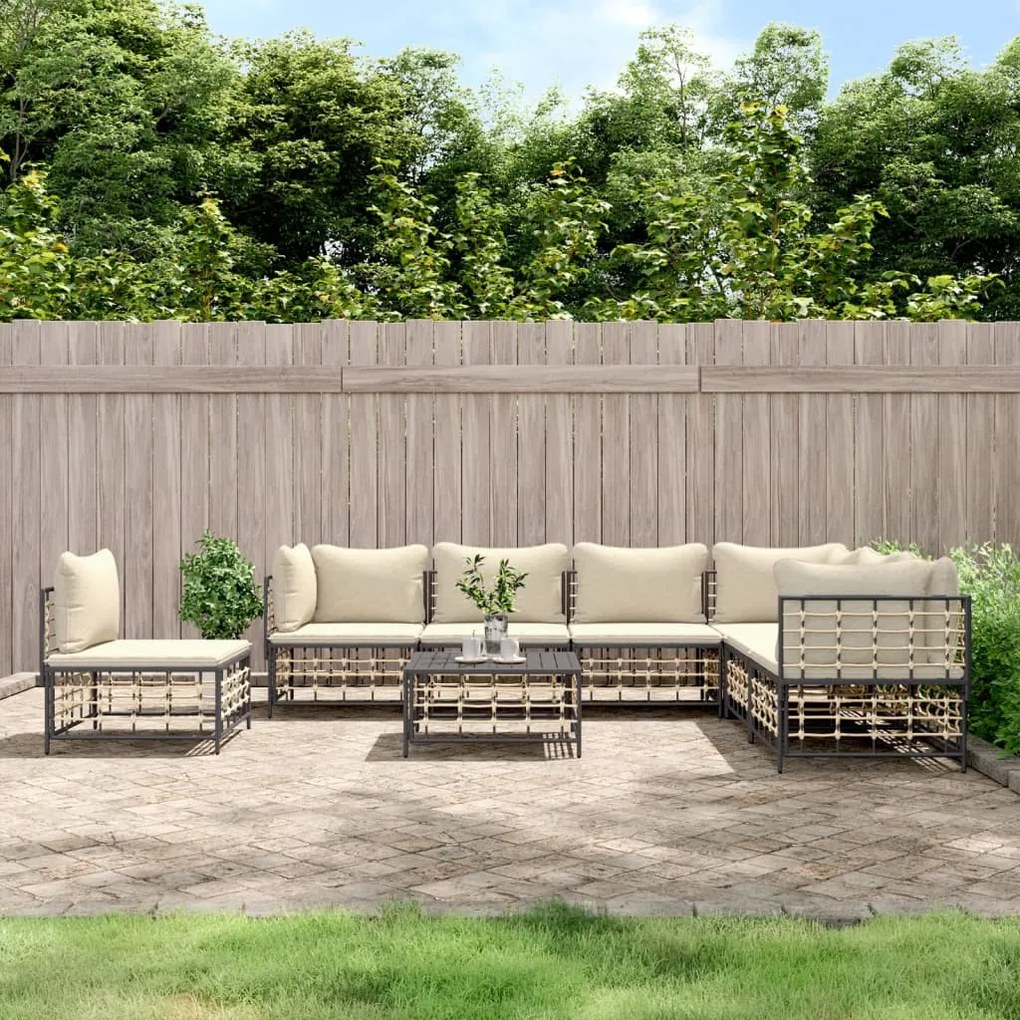8 pcs conjunto lounge de jardim c/ almofadões vime PE antracite
