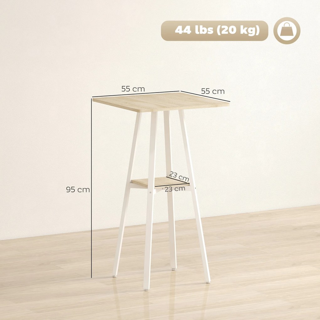 Mesa Alta de Cozinha Quadrada com Prateleira Mesa Alta de Bar para 2 Pessoas Pernas de Metal 55x55x95 cm Madeira e Branco