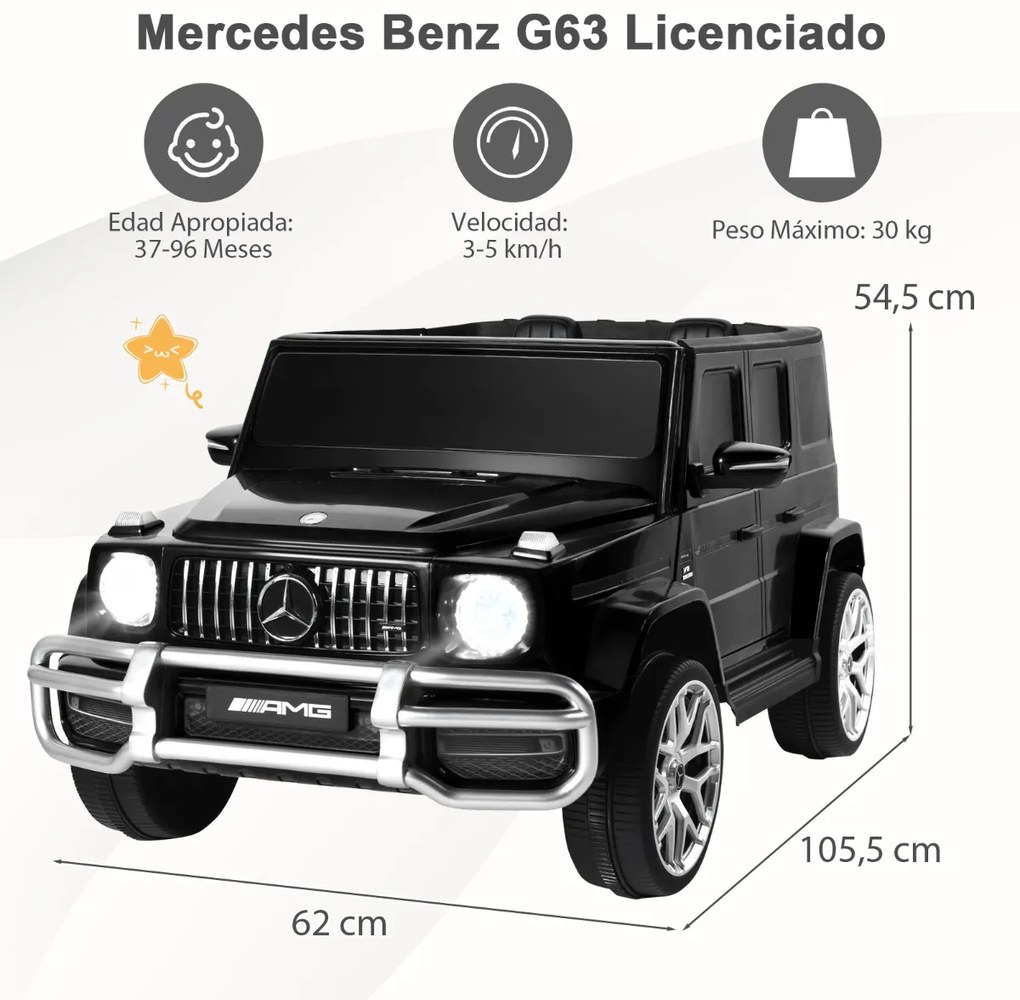 Carro elétrico para crianças 12V Mercedes-Benz G63 bateria com controlo remoto 105,5 x 62 x 54,5 cm Preto