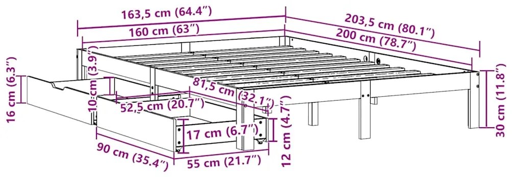 Estrutura de cama com gavetas 160x200 cm pinho maciço branco