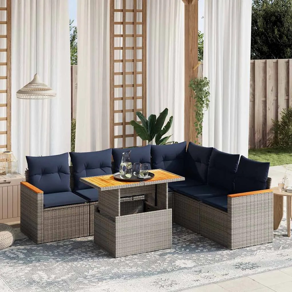 vidaXL 7 pcs conjunto sofás p/ jardim c/ almofadões vime PE cinzento