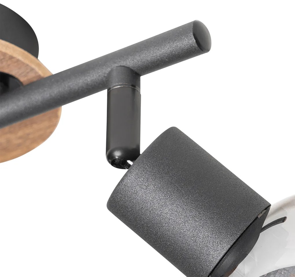 Candeeiro de teto preto com vidro fumê e madeira 2-luzes - Vidro Moderno