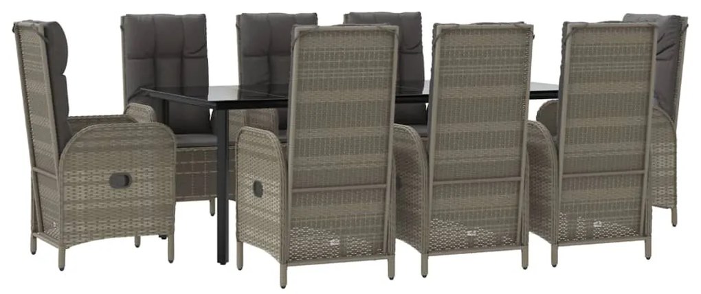 9 pcs conjunto jantar jardim c/ almofadões vime PE preto/cinza