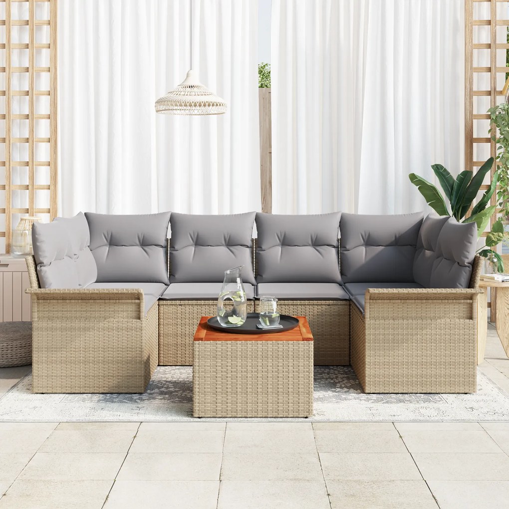 Conjunto de Sofá de Jardim vidaXL 7 Peças com Almofadas Bege Vime e Ac