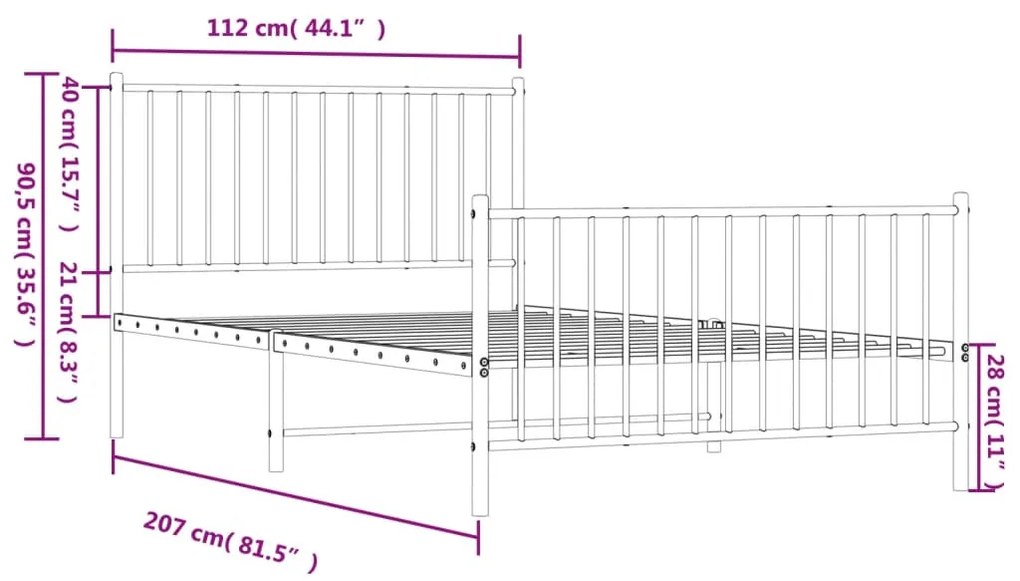 Estrutura de cama com cabeceira e pés 107x203 cm metal branco