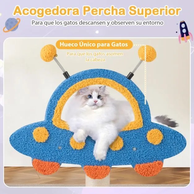 Arranhador para gatos 80 x 33 x 87 cm de 4 níveis em forma de OVNI com de 2 níveis em forma de foguetão Azul+Branco+Amarelo+Laranja