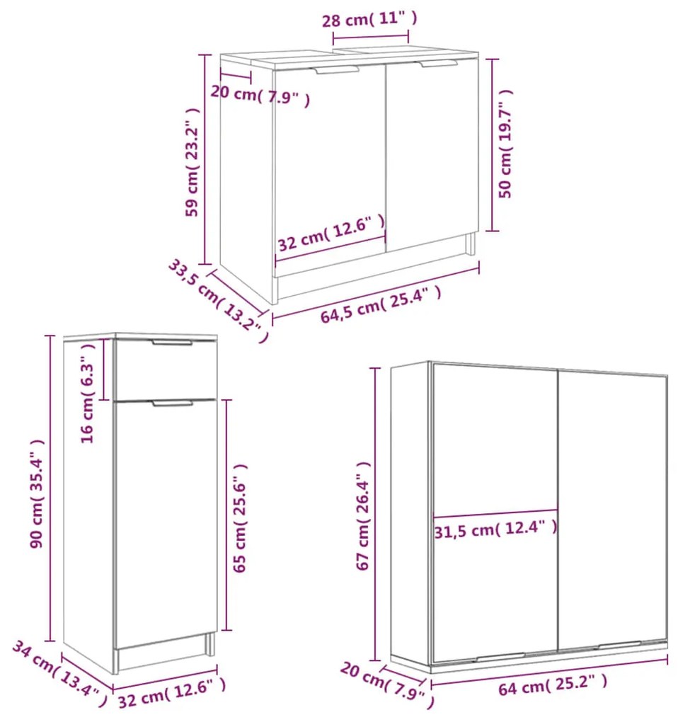 4pcs conj. armários casa de banho madeira processada branco