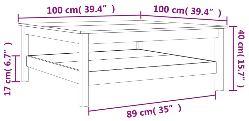 Mesa de centro 100x100x40 cm madeira pinho maciça castanho cera