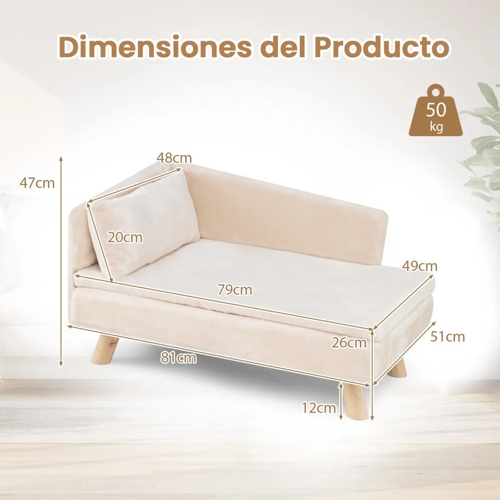 Cama elevada para animais de estimação 81 x 51 x 47 cm  com almofada e travesseiro removíveis, pernas de madeira e encosto alto