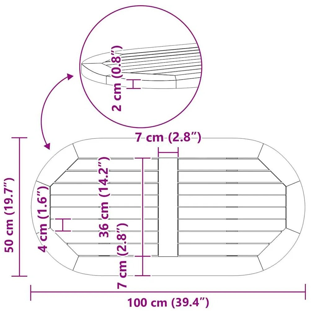 Tampo de Mesa 100x50x2.2 cm Oval de Madeira Maciça de Acácia